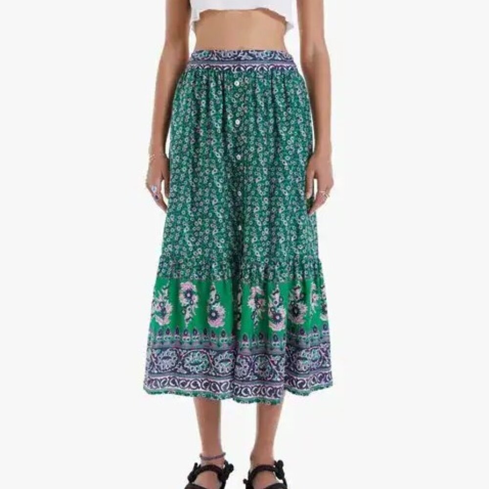 XiRENA Taryn Green and Purple Floral Paisley Maxi Button Skirt